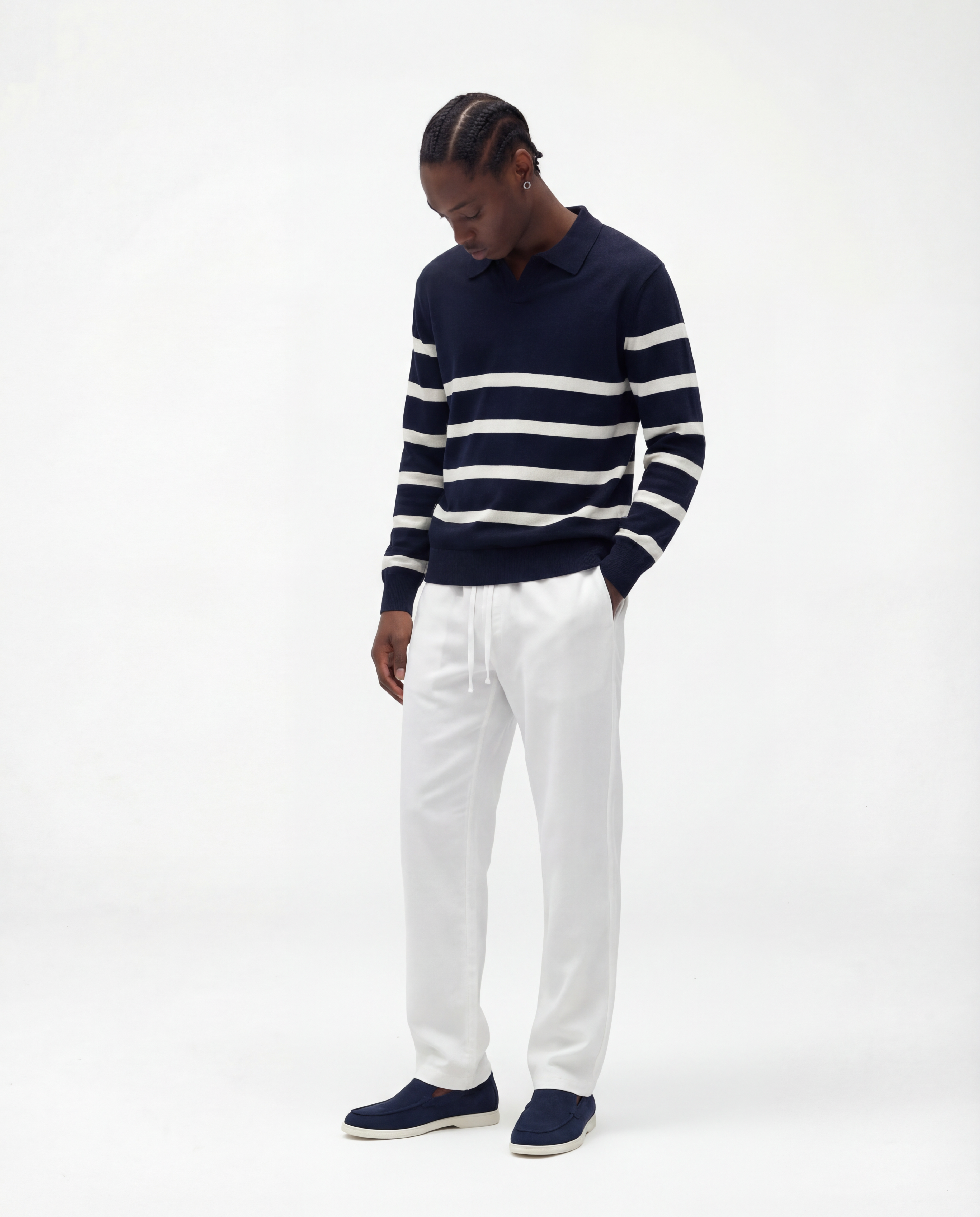 Striped Long Sleeve Polo (Marine)