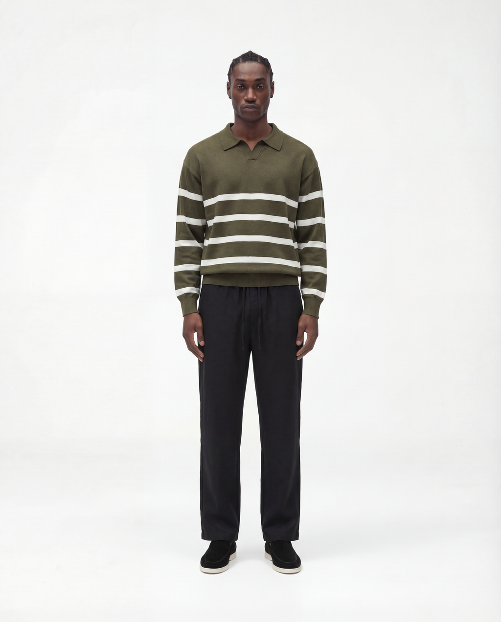 Striped Long Sleeve Polo (Armeegrün)