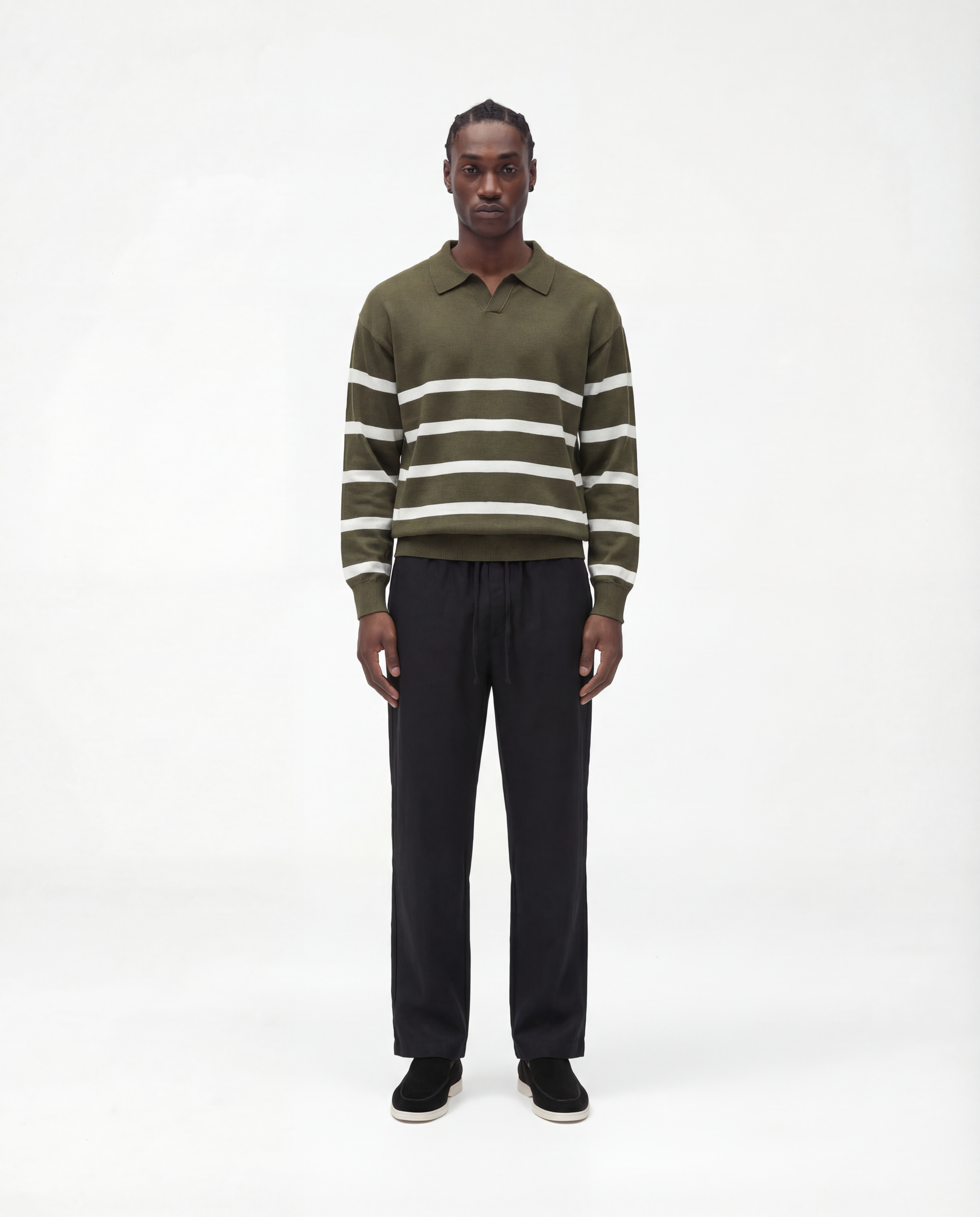 Striped Long Sleeve Polo (Armeegrün)