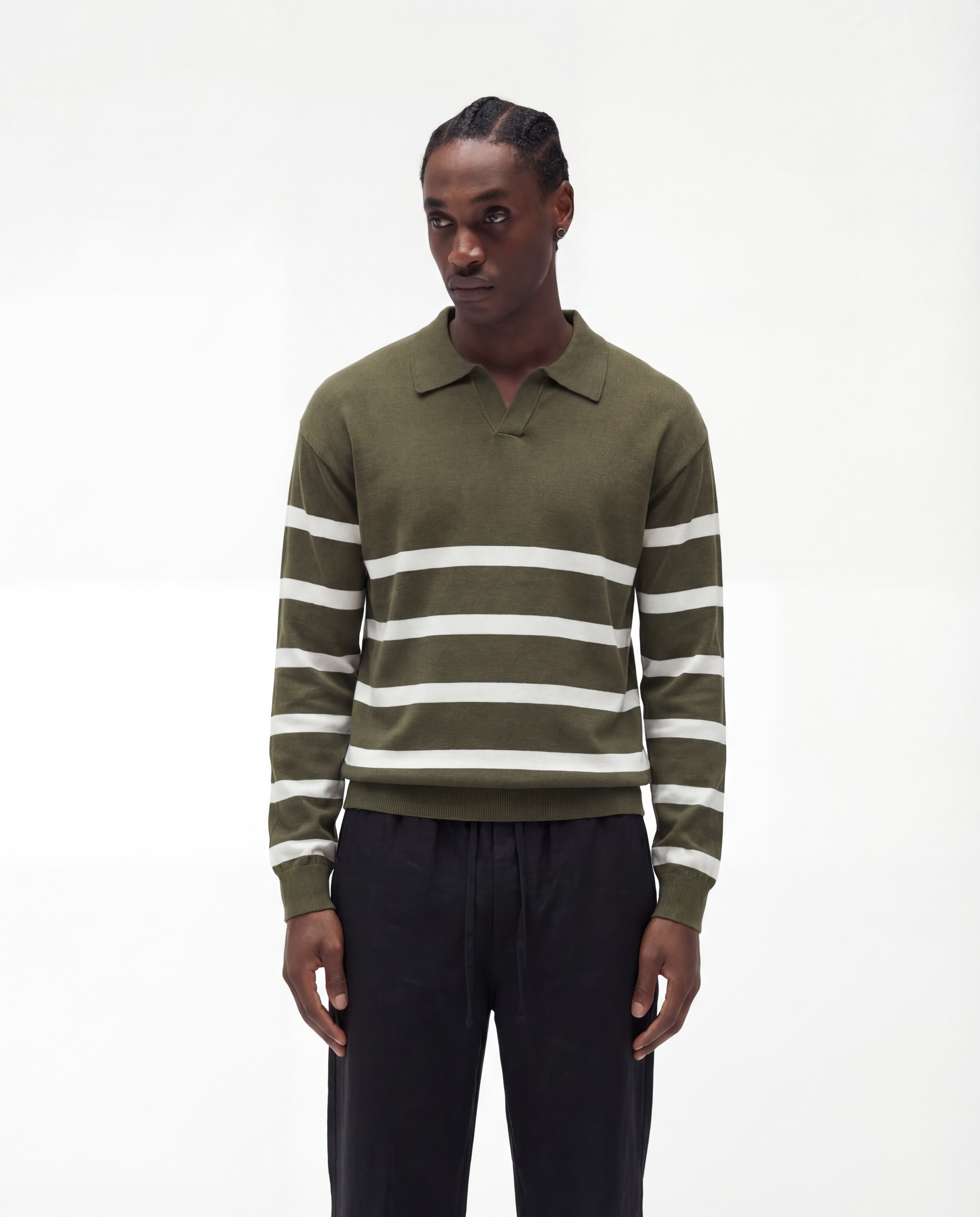 Striped Long Sleeve Polo (Armeegrün)