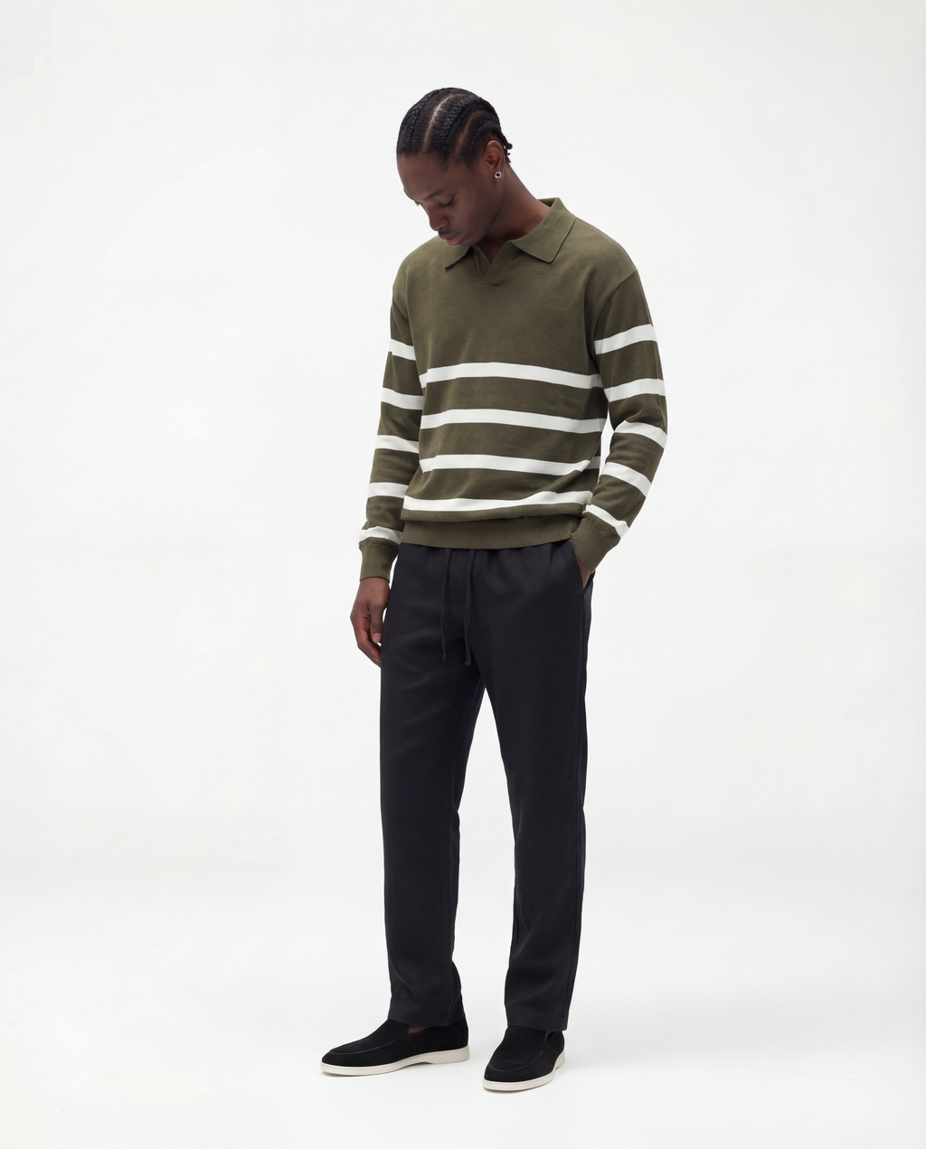 Striped Long Sleeve Polo (Armeegrün)
