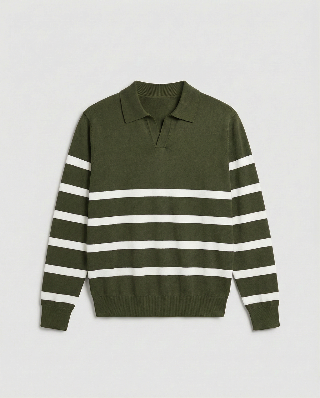 Striped Long Sleeve Polo (Armeegrün)