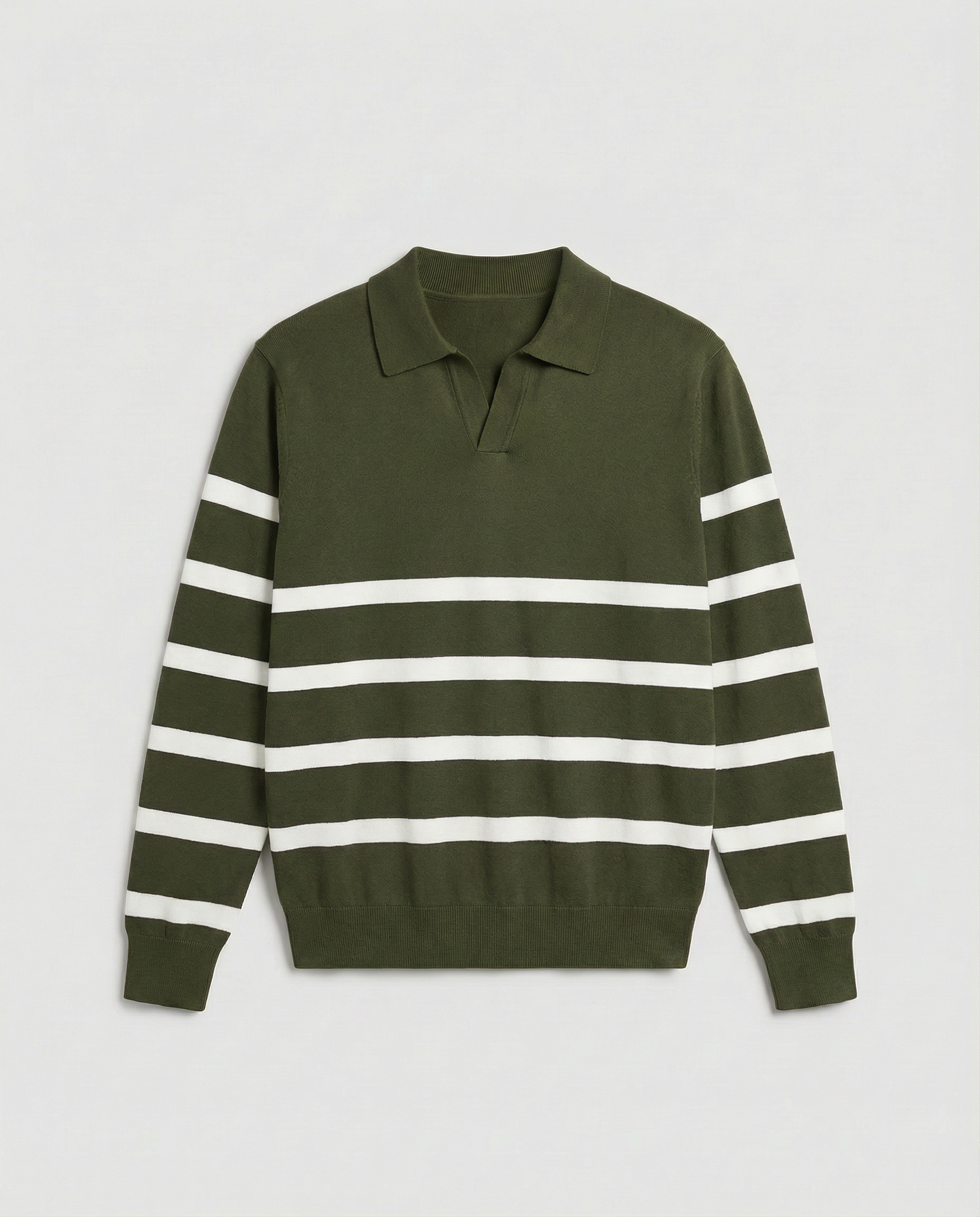 Striped Long Sleeve Polo (Armeegrün)